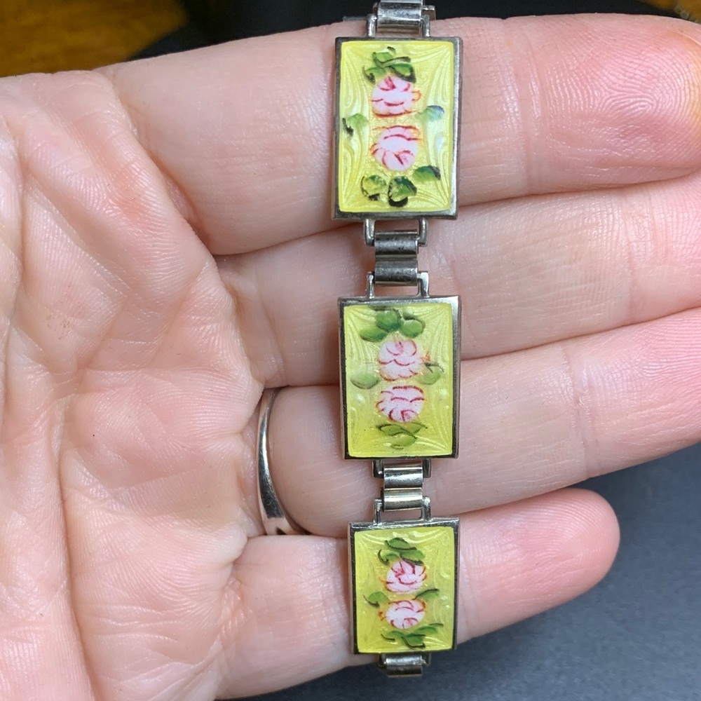 vintage sterling silver guilloché enamel panel link bracelet